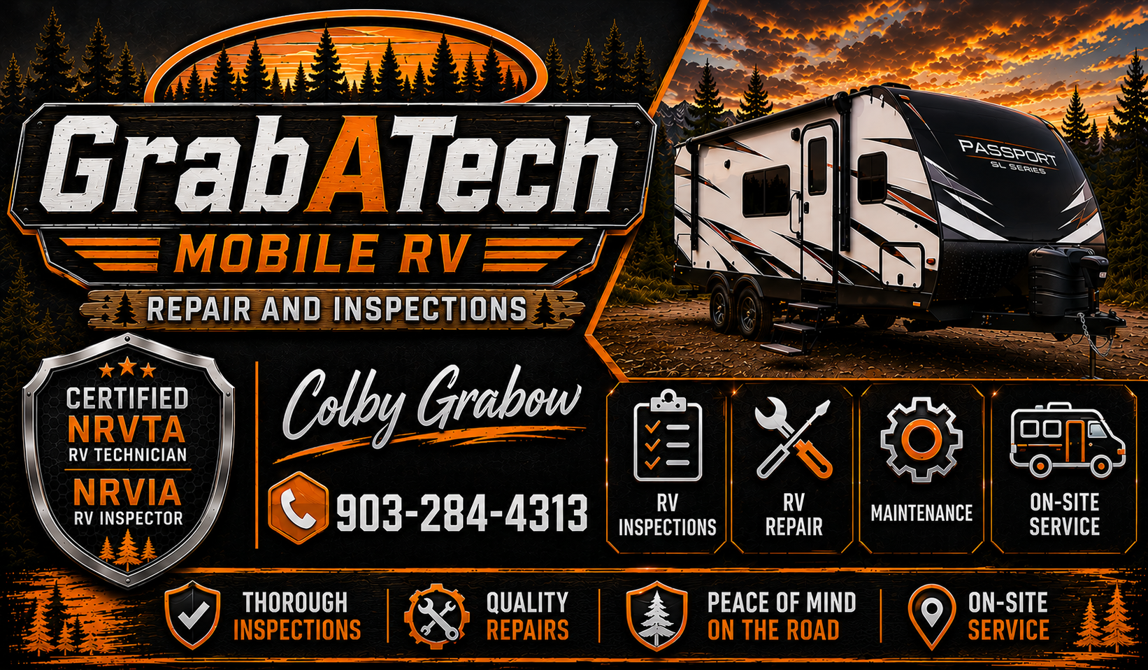 GrabATech business card with orange pine-tree logo, RV repair and inspection services, Colby Grabow, NRVTA and NRVIA badges, and phone number 903-284-4313